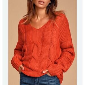 Lulus Orange Red Chunky Cable Knit Sweater Sz S Oversized Western Boho